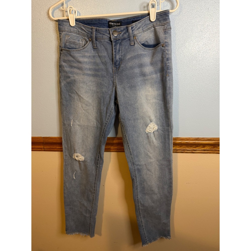 Kenneth Cole New York Jess Skinny Distressed Frayed Hem Jeans Light Wash 4